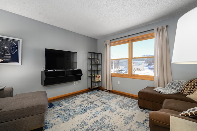 living area with wood finished floors, baseboards, and a textured ceiling