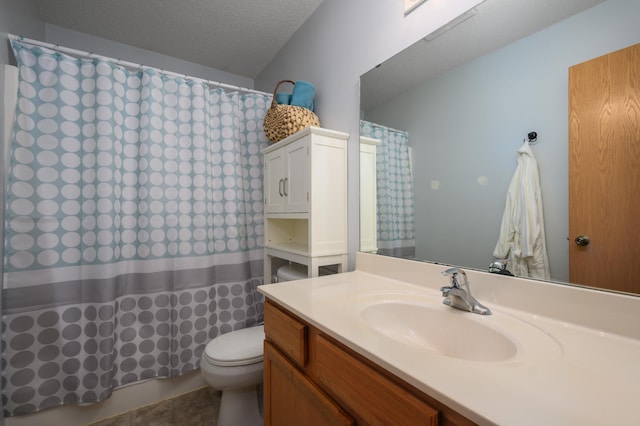 full bath with a shower with shower curtain, a textured ceiling, vanity, and toilet