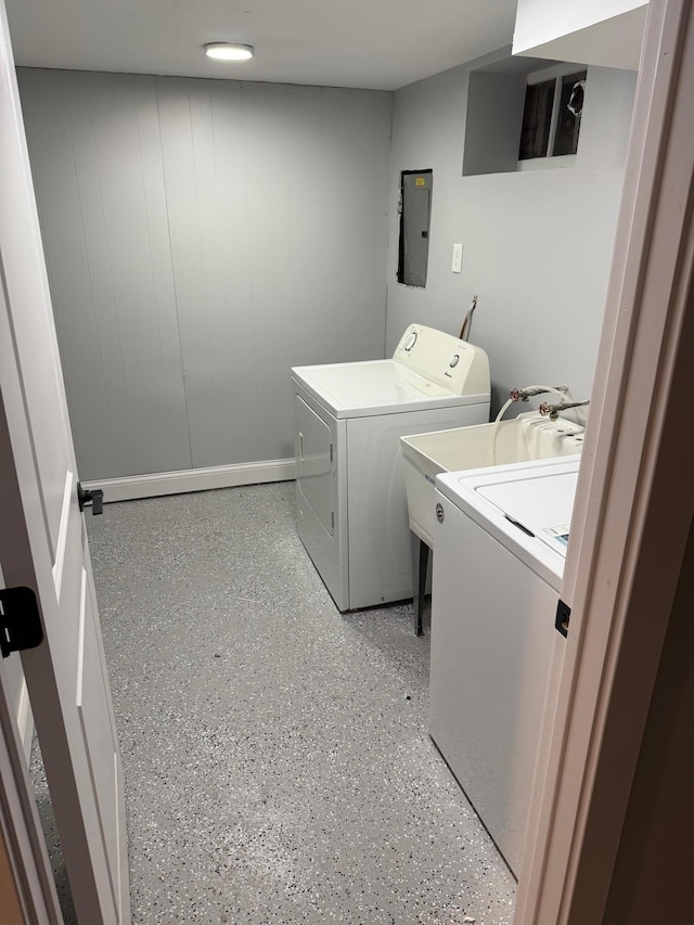 clothes washing area with washer and dryer and electric panel