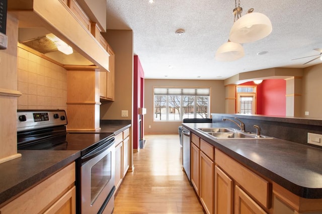 kitchen featuring sink, hanging light fixtures, stainless steel appliances, light hardwood / wood-style floors, and custom range hood