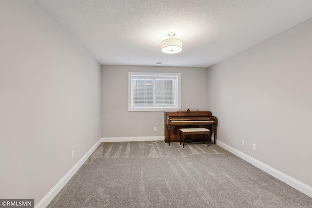 interior space featuring carpet flooring and a textured ceiling