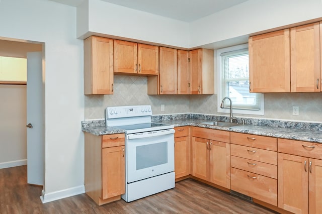 kitchen featuring sink, decorative backsplash, dark hardwood / wood-style flooring, and electric stove