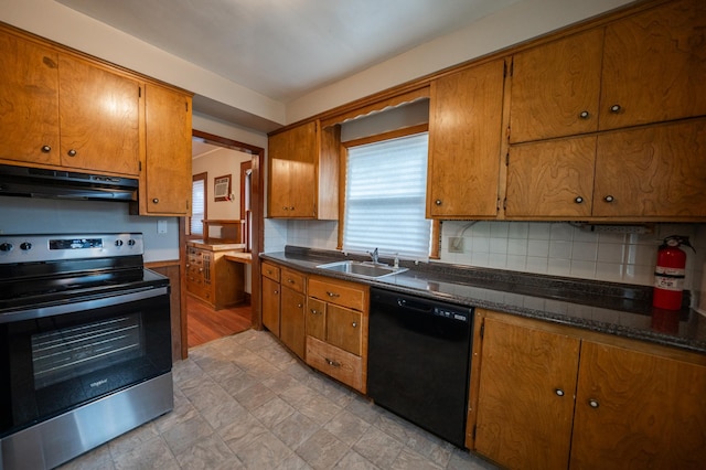 kitchen featuring sink, extractor fan, stainless steel range with electric cooktop, dishwasher, and decorative backsplash