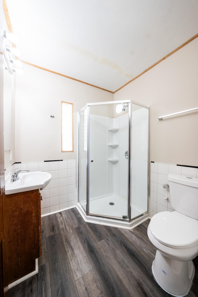 bathroom featuring wood-type flooring, tile walls, vanity, toilet, and a shower with door