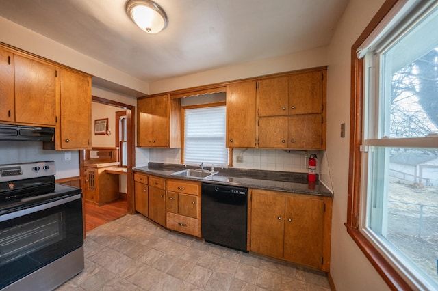 kitchen with sink, stainless steel range with electric stovetop, black dishwasher, ventilation hood, and decorative backsplash