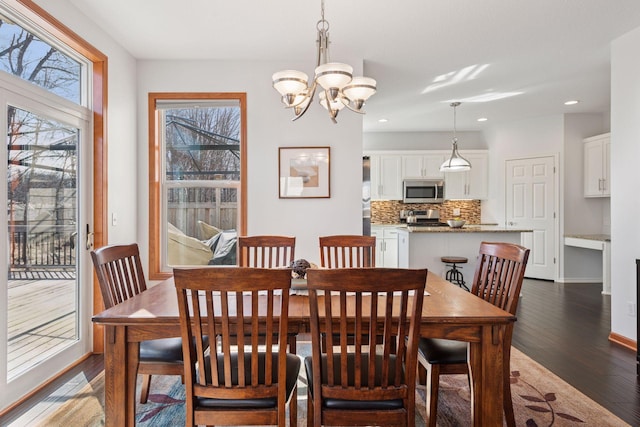 2536 Saunders Lake Dr, Minnetrista, MN 55364 - dining room with dark wood-style floors, recessed lighting, a chandelier, and baseboards