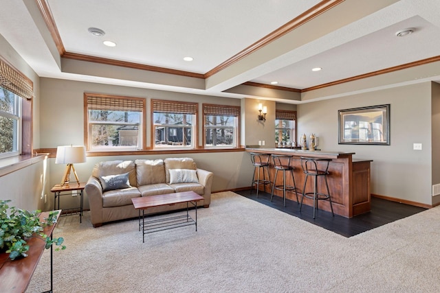 2536 Saunders Lake Dr, Minnetrista, MN 55364 - living area with carpet floors, a tray ceiling, crown molding, bar, and healthy amount of natural light
