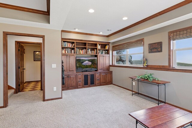 2536 Saunders Lake Dr, Minnetrista, MN 55364 - living area with ornamental molding, light colored carpet, healthy amount of natural light, baseboards, and recessed lighting