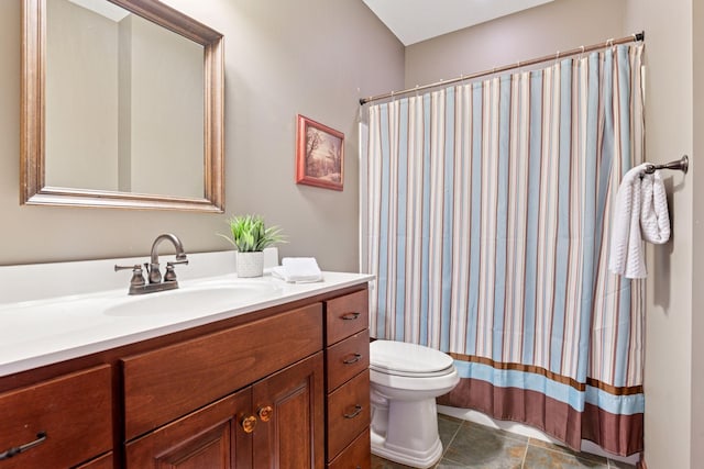 2536 Saunders Lake Dr, Minnetrista, MN 55364 - bathroom featuring toilet, vanity, a shower with curtain, and tile patterned floors