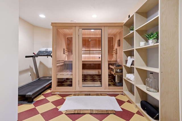 2536 Saunders Lake Dr, Minnetrista, MN 55364 - exercise room featuring tile patterned floors and recessed lighting