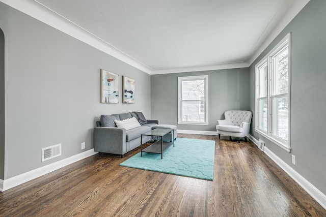 living room with plenty of natural light and dark hardwood / wood-style flooring