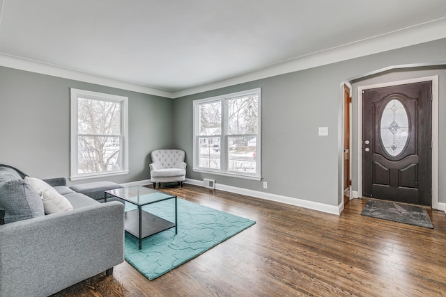 living room with dark hardwood / wood-style floors