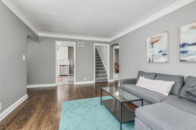 living room with dark wood-type flooring