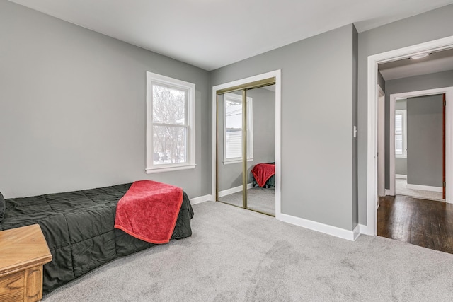 carpeted bedroom with a closet and multiple windows