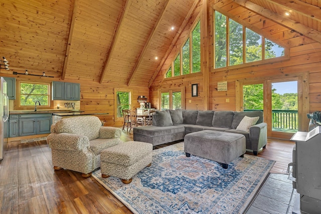 living room with dark wood-type flooring, wooden ceiling, beamed ceiling, and wood walls