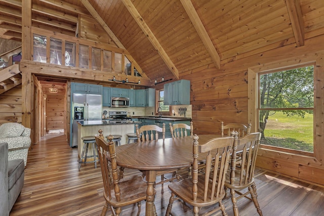 dining space featuring beam ceiling, sink, wood ceiling, and wood walls