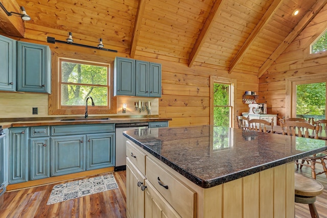 kitchen with sink, wood walls, lofted ceiling with beams, wooden ceiling, and dishwasher