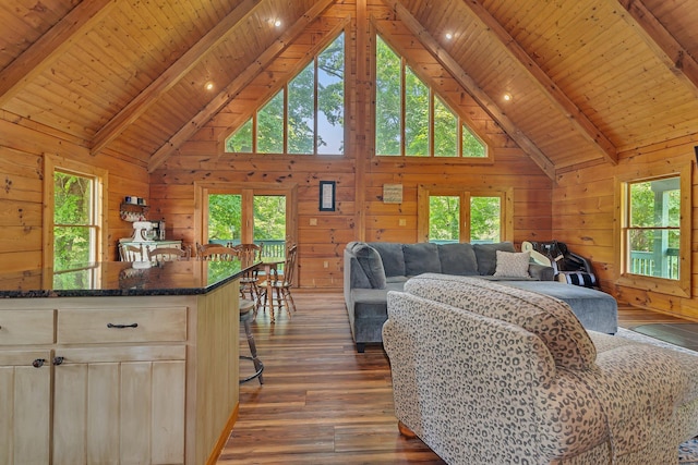 living room featuring beam ceiling, wooden ceiling, and wood walls