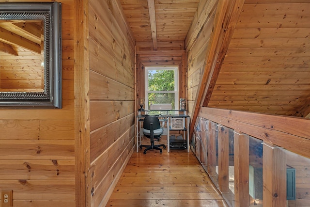 hall featuring hardwood / wood-style floors, wooden ceiling, and wood walls