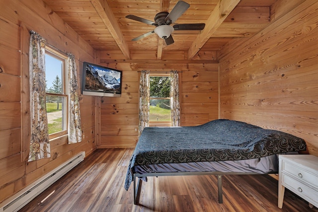 unfurnished bedroom with wood ceiling, wood-type flooring, wooden walls, beamed ceiling, and a baseboard heating unit