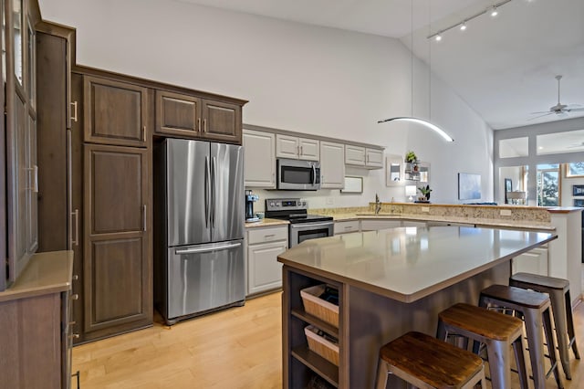 kitchen featuring light hardwood / wood-style flooring, ceiling fan, appliances with stainless steel finishes, a kitchen bar, and kitchen peninsula