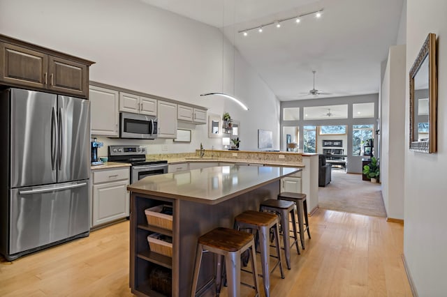 kitchen with sink, light wood-type flooring, a kitchen breakfast bar, kitchen peninsula, and stainless steel appliances