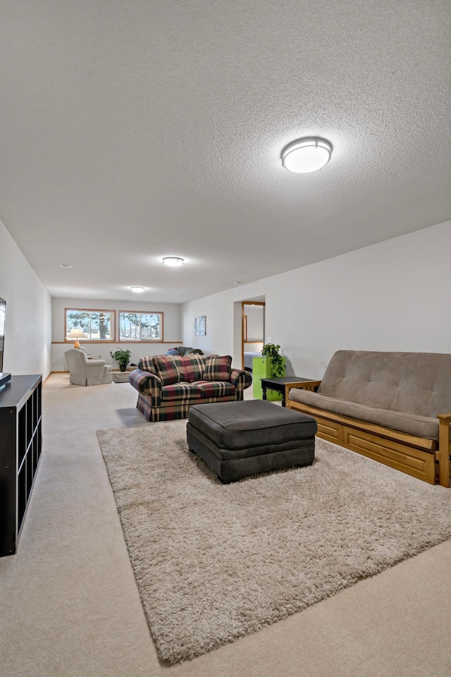 living room featuring a textured ceiling and carpet flooring