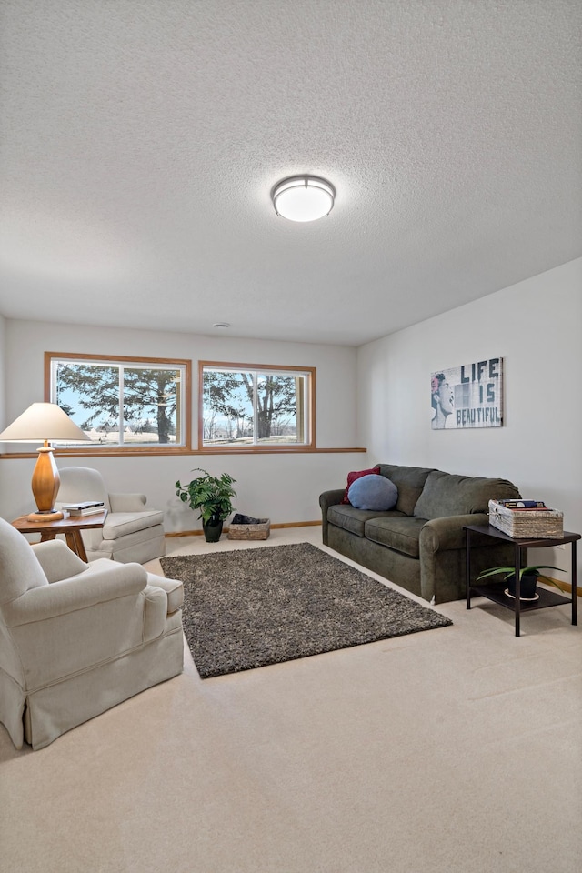 carpeted living room featuring a textured ceiling