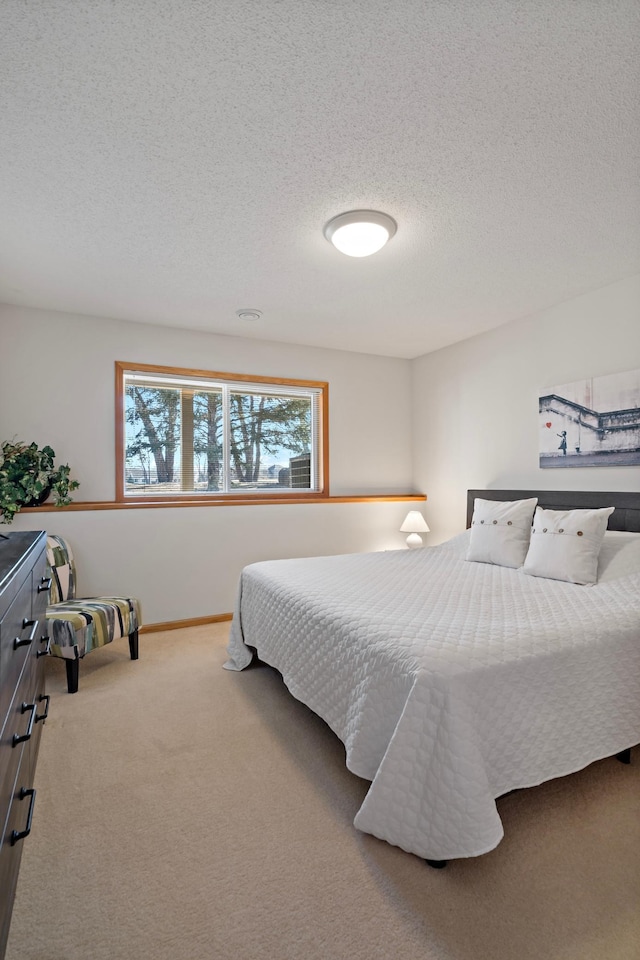 bedroom with carpet floors and a textured ceiling