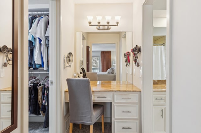 7720 Shaughnessy Rd, Edina, MN 55439 - full bath with a chandelier, vanity, a spacious closet, and a shower with shower curtain