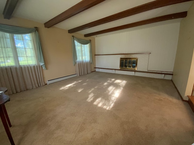 unfurnished living room featuring baseboard heating, carpet, and beamed ceiling