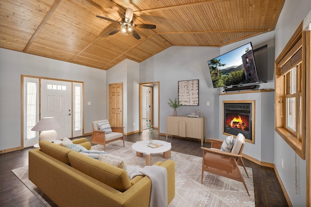 living room featuring hardwood / wood-style floors, wood ceiling, and high vaulted ceiling