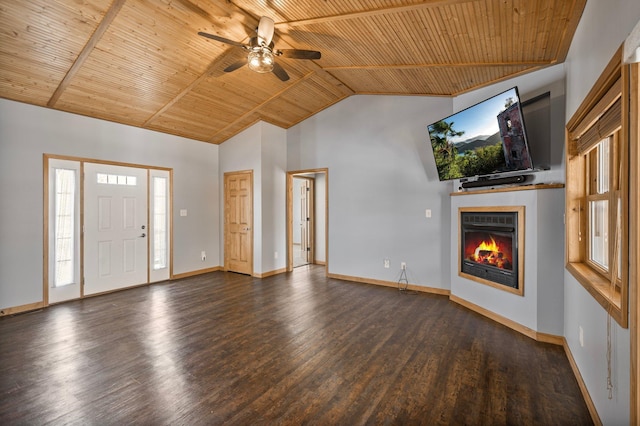 entrance foyer with dark wood-type flooring, ceiling fan, high vaulted ceiling, and wooden ceiling