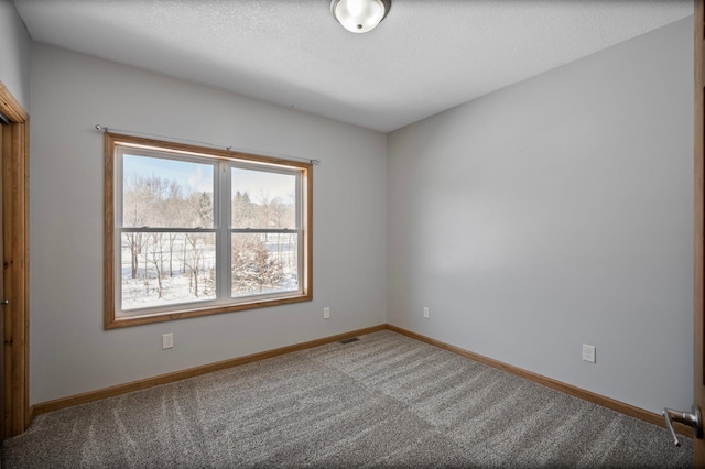 carpeted empty room featuring a textured ceiling