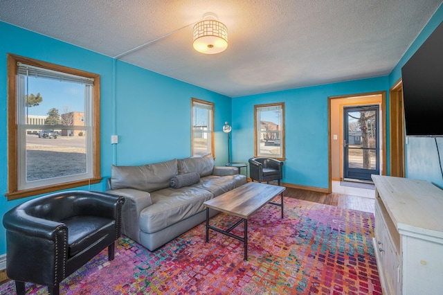 living room with a textured ceiling and light wood-type flooring