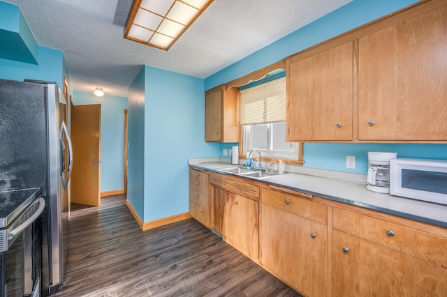 kitchen with sink, stainless steel appliances, dark hardwood / wood-style floors, and a textured ceiling