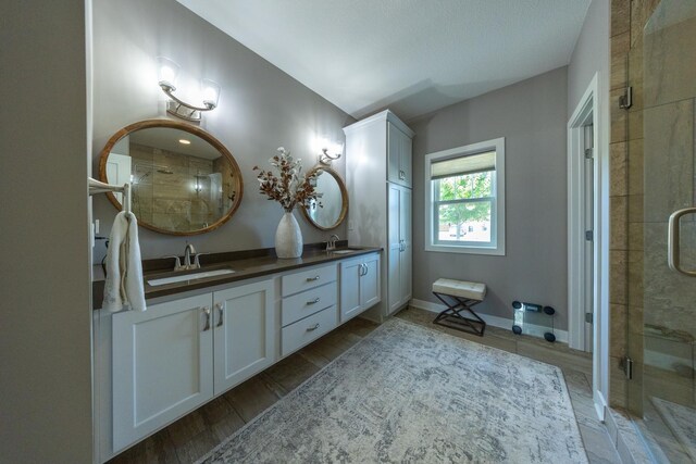 bathroom with walk in shower and vanity