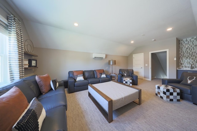 carpeted living room with vaulted ceiling and an AC wall unit