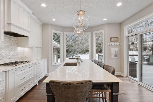 kitchen with decorative backsplash, stainless steel gas cooktop, baseboards, premium range hood, and a sink