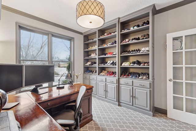 office featuring ornamental molding and light carpet