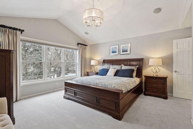 bedroom with baseboards, light carpet, a chandelier, and lofted ceiling