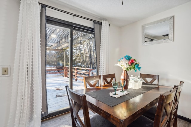 dining space with hardwood / wood-style flooring and a textured ceiling