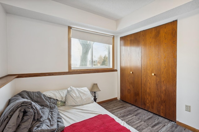 bedroom featuring wood-type flooring, a closet, and a textured ceiling