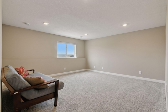 living area featuring carpet floors and a textured ceiling