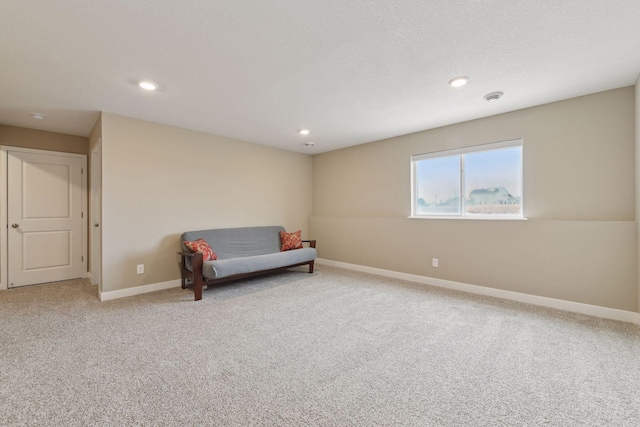 sitting room with a textured ceiling and carpet