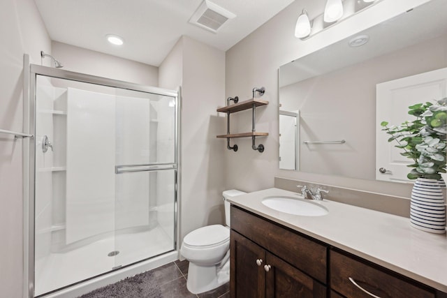 full bath with tile patterned floors, visible vents, toilet, a shower stall, and vanity