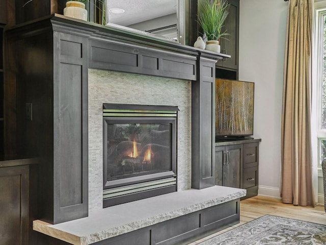 room details featuring a glass covered fireplace, wood finished floors, and baseboards