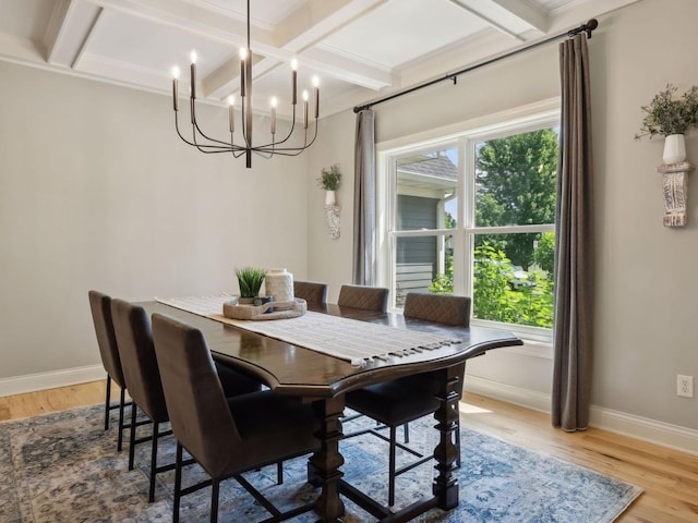 dining room featuring beam ceiling, light wood-style flooring, coffered ceiling, and baseboards