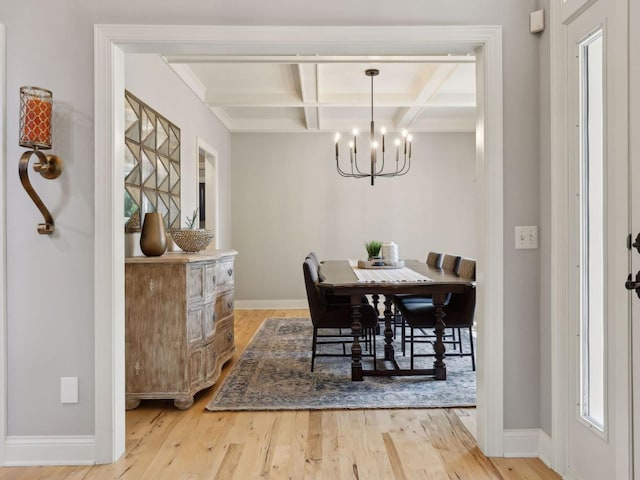 dining space with beam ceiling, coffered ceiling, wood finished floors, an inviting chandelier, and baseboards