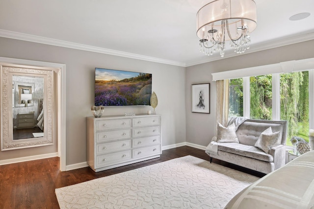 bedroom with dark hardwood / wood-style flooring, crown molding, and an inviting chandelier